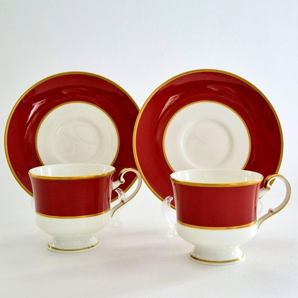 Vintage Mikasa Egyptian Terra Cotta Cup & Saucer, 2 Sets, Rust Red, White, Gold